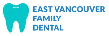 Logo with a stylized turquoise tooth icon to the left of blue text, representing a dental clinic or dental brand.