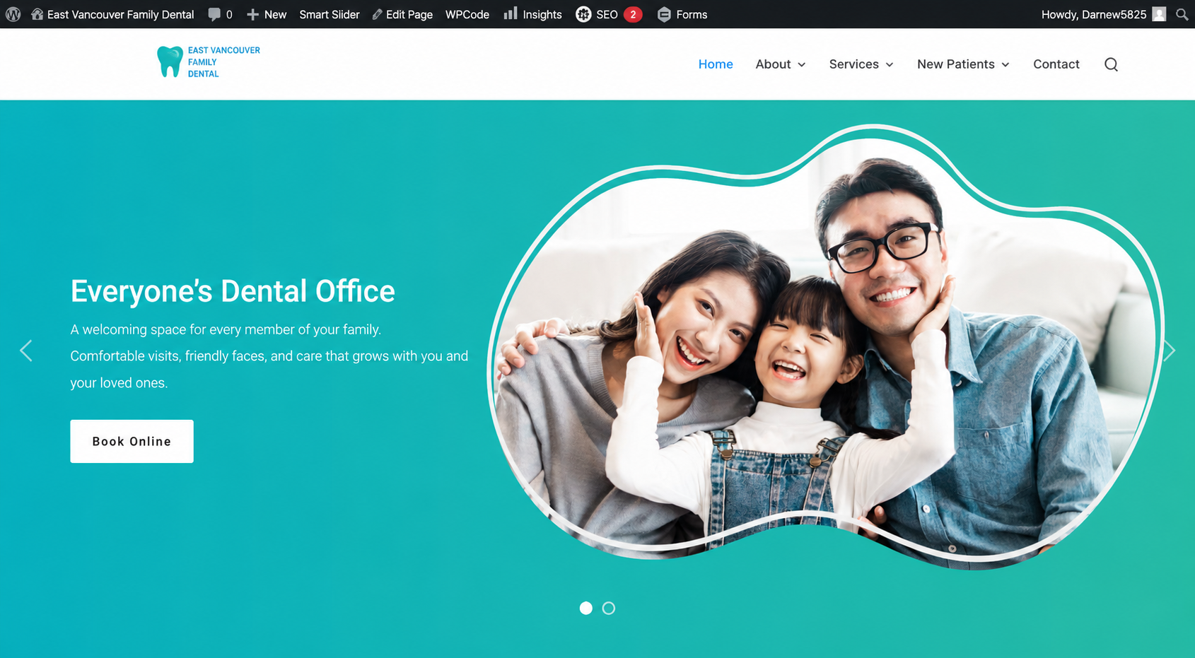 Hero banner for East Vancouver Family Dental: a teal gradient background with a smiling family in a rounded white frame, captioned 'Everyone 's Dental Office' and a 'Book Online' CTA.